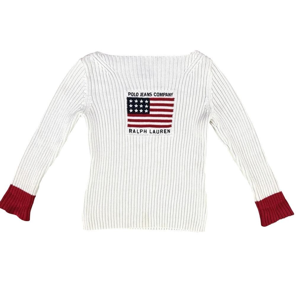 VTG Y2K Polo Ralph Lauren Polo Ribbed Knit Sweater American Flag White Red Small - Picture 2 of 15